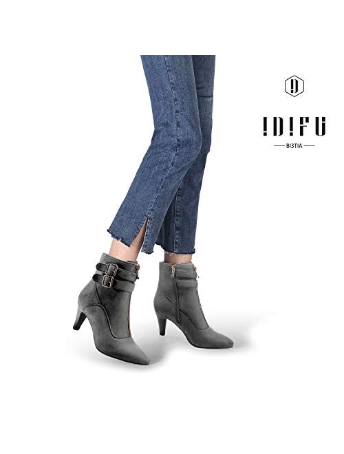 IDIFU Women's Buckle Strap Ankle Booties 3 Inch Pointed Toe Zipper Heels Dress Jeans Boots