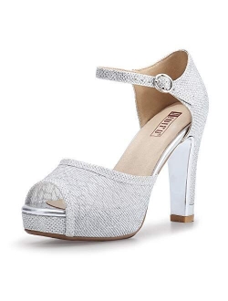 Women's IN4 Mary Platform Chunky High Heels Sandals Peep Toe Dress Wedding Bridal Shoes for Women Bride Bridesmaid