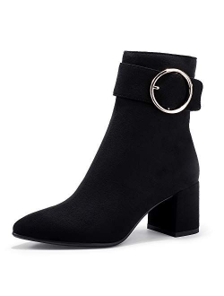 Women's Lori Pointed Toe Chunky High Heel Ankle Booties Metal Ring Zipper Short Boots