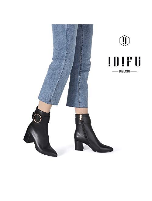 IDIFU Women's Lori Pointed Toe Chunky High Heel Ankle Booties Metal Ring Zipper Short Boots