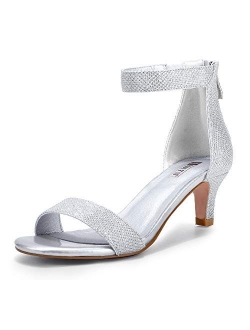 Women's Low Kitten Heels Sandals Ankle Strap Open Toe Wedding Pump Shoes with Zipper