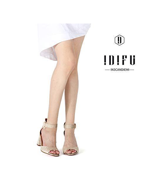 IDIFU Women's Candie-MI Peep Toe Low Block Heels Sandals Ankle Strap Comfy Chunky Wedding Dress Shoes