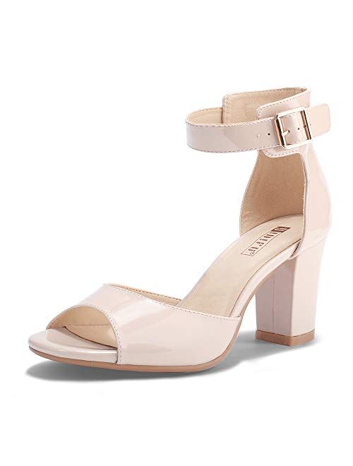 IDIFU Women's Candie-MI Peep Toe Low Block Heels Sandals Ankle Strap Comfy Chunky Wedding Dress Shoes