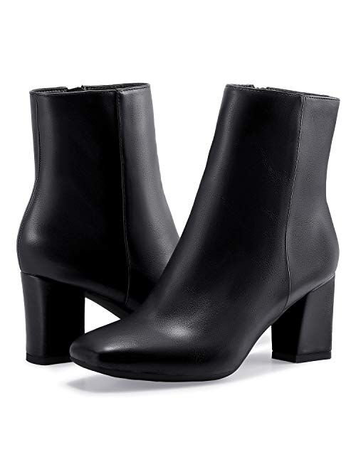 IDIFU Women's Aliza Fashion Square Toe Short Boots Side Zipper Low Block Heel Ankle Booties