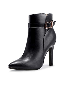 Women's Dana Pointed Toe Stiletto High Heels Ankle Booties Side Zipper Short Boots with Metal Buckle