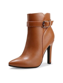 Women's Dana Pointed Toe Stiletto High Heels Ankle Booties Side Zipper Short Boots with Metal Buckle