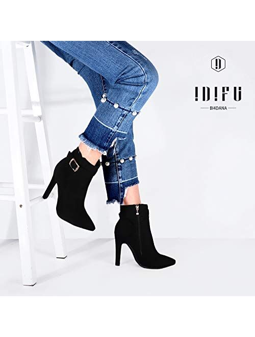 IDIFU Women's Dana Pointed Toe Stiletto High Heels Ankle Booties Side Zipper Short Boots with Metal Buckle