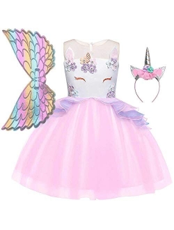Girls Unicorn Costume Flower Pageant Princess Dresses & 2PCS Accessories