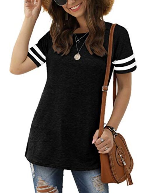 Sieanear Womens T Shirts Short Sleeve Striped Color Block Leopard Casual Tops