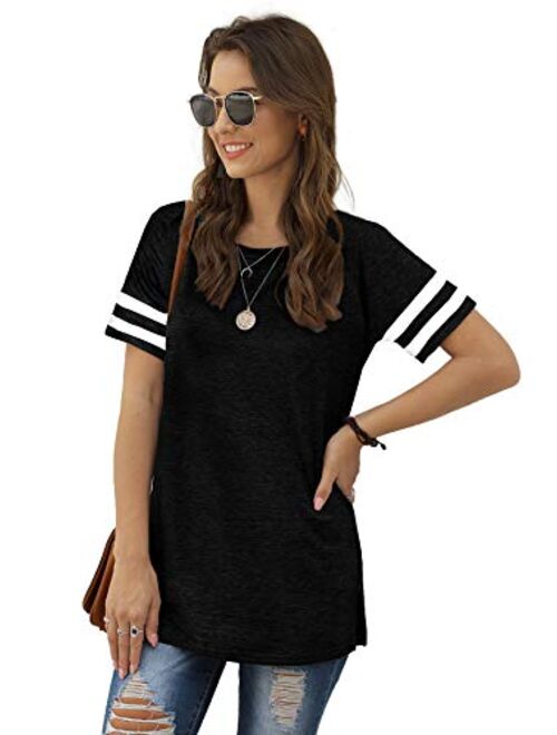 Sieanear Womens T Shirts Short Sleeve Striped Color Block Leopard Casual Tops