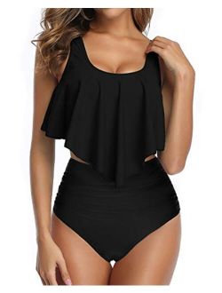 Bikini Swimsuit for Women Ruffled Flounce Top with High Waisted Ruched Bottom Two Piece Bathing Suit