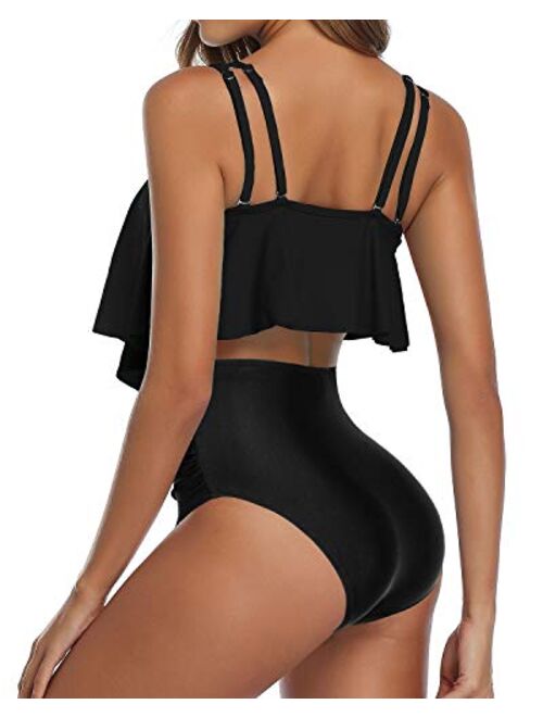 Tempt Me Bikini Swimsuit for Women Ruffled Flounce Top with High Waisted Ruched Bottom Two Piece Bathing Suit