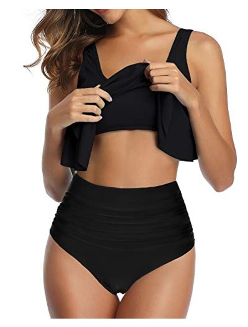 Tempt Me Bikini Swimsuit for Women Ruffled Flounce Top with High Waisted Ruched Bottom Two Piece Bathing Suit