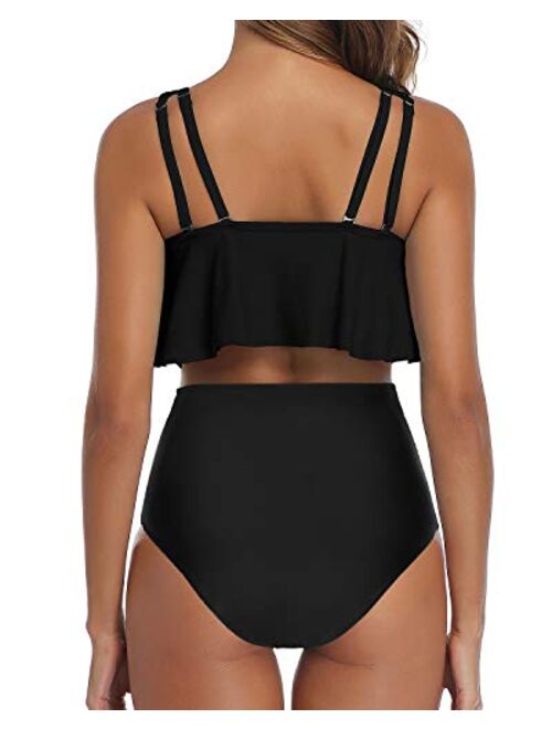 Tempt Me Bikini Swimsuit for Women Ruffled Flounce Top with High Waisted Ruched Bottom Two Piece Bathing Suit