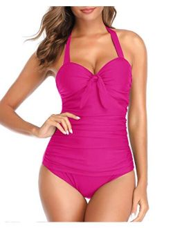 Women Halter One Piece Swimsuits Ruched Tummy Control Tie Knot Slimming Bathing Suits
