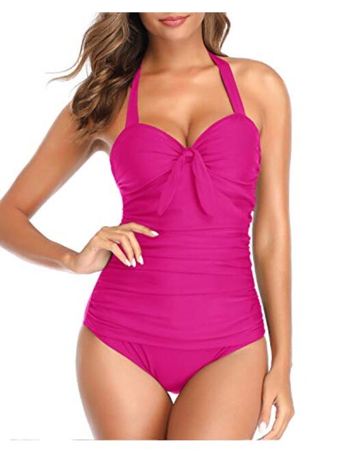 Tempt Me Women Halter One Piece Swimsuits Ruched Tummy Control Tie Knot Slimming Bathing Suits
