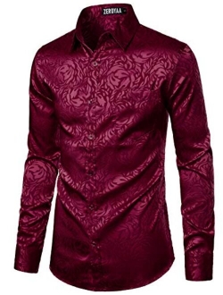 Men's Rose Floral Long Sleeve Dress Shirts Shiny Satin Silk Like Jacquard Party Prom Shirt Tops