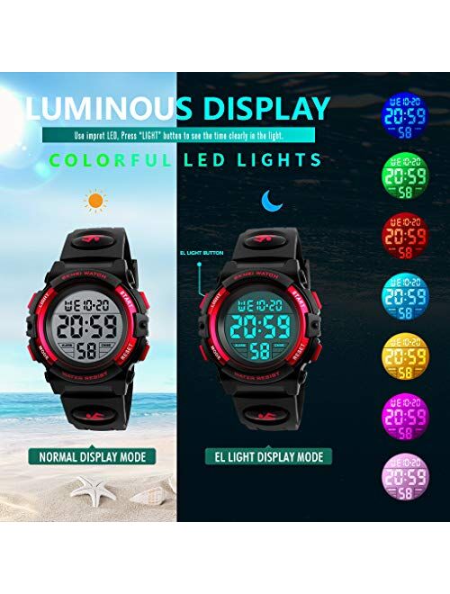 eYotto Kids Digital Sports Watch Waterproof 7-Color Led Backlight Multifuction Wristwatch for Boys Girls Best Toy Christmas Birthday Gifts