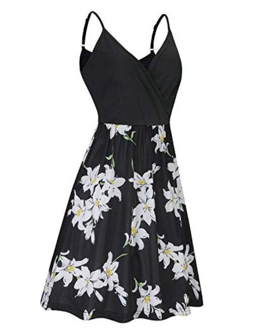 STYLEWORD Women's V Neck Floral Spaghetti Strap Summer Dress Patchwork Casual Sundress with Pocket