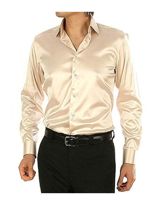 Mens Business Shiny Silk Like Satin Dance Prom Dress Shirt Party Button Down Tuxedo Shirts