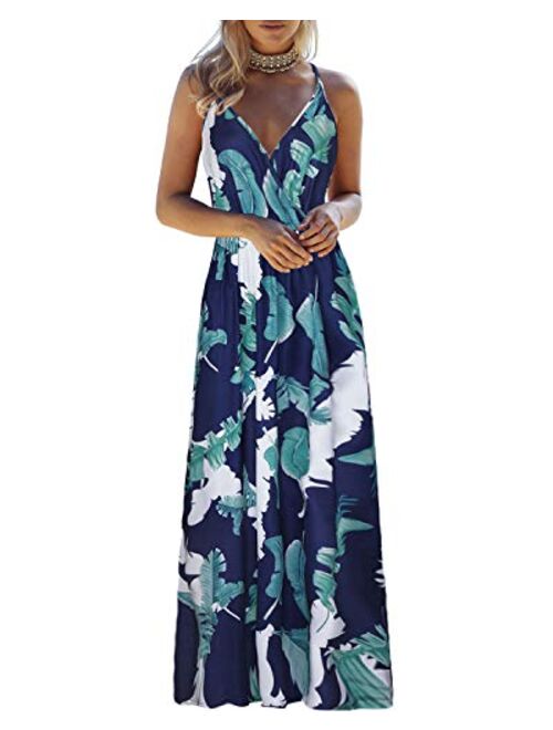 OUGES Womens Summer Deep V Neck Floral Adjustable Spaghetti Strap Beach Maxi Dress