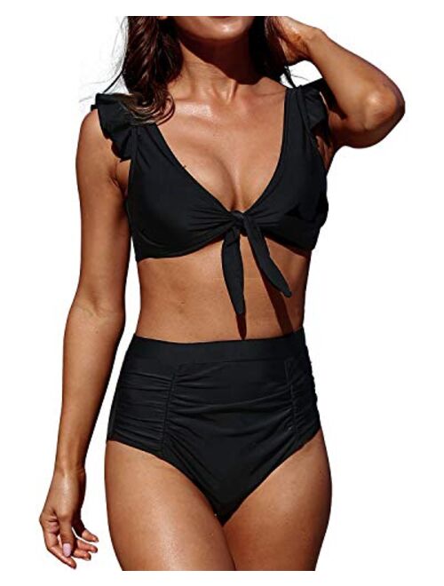 Tempt Me High Waisted Bikini Swimsuit for Women Striped Tie Knot Front Retro Strappy Bathing Suit