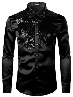Men's Shiny Sequins Design Silk Like Satin Button Up Disco Party Dress Shirts with Bow Tie