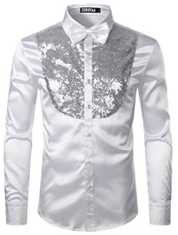 Men's Shiny Sequins Design Silk Like Satin Button Up Disco Party Dress Shirts with Bow Tie
