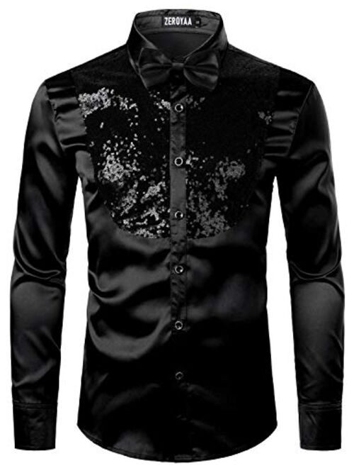 ZEROYAA Men's Shiny Sequins Design Silk Like Satin Button Up Disco Party Dress Shirts with Bow Tie