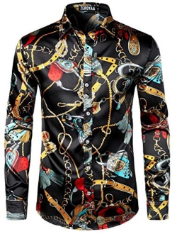 Men's Hipster Printed Silk Like Satin Button Up Dress Shirt for Party Prom