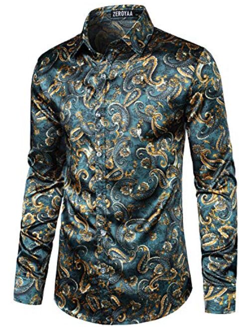 ZEROYAA Men's Hipster Printed Silk Like Satin Button Up Dress Shirt for Party Prom