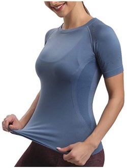 Seamless Workout Shirts for Women Dry-Fit Short Sleeve T-Shirts Crew Neck Stretch Yoga Tops Athletic Shirts