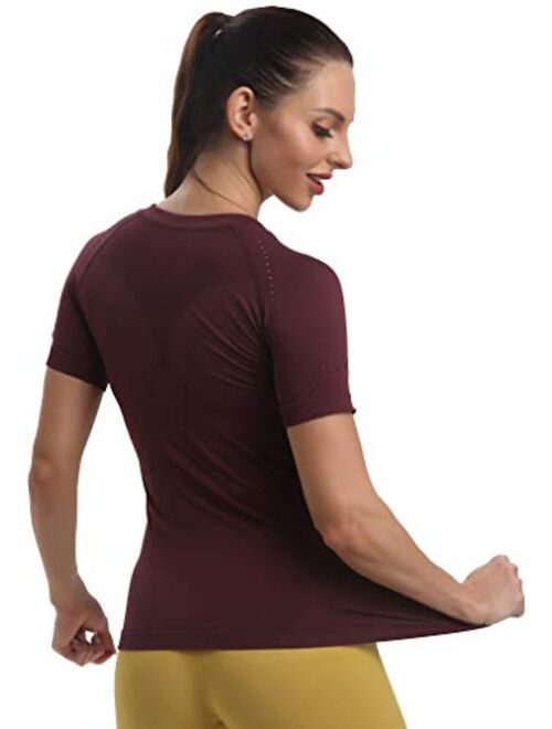 RUNNING GIRL Seamless Workout Shirts for Women Dry-Fit Short Sleeve T-Shirts Crew Neck Stretch Yoga Tops Athletic Shirts
