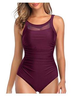 Women One Piece Mesh Swimsuits Vintage Tummy Control Bathing Suits