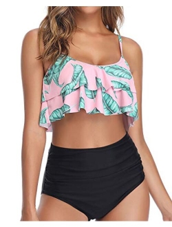 Women Ruffle High Waisted Bikini Two Piece Swimsuits Ruched Bathing Suit