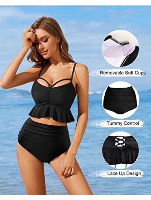 Tempt Me Women High Waisted Swimsuit Flounce Tummy Control Bikini Hollow Out Ruffle Bathing Suit