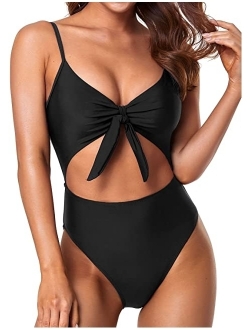 Cutout One Piece Swimsuit for Women High Cut V Neck Tie Knot Front Backless Bathing Suit