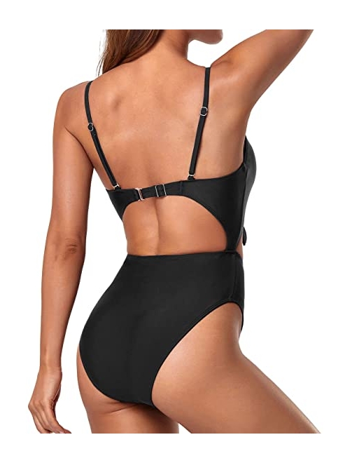 Tempt Me Cutout One Piece Swimsuit for Women High Cut V Neck Tie Knot Front Backless Bathing Suit