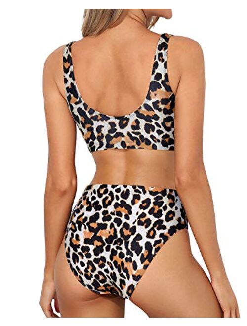 Tempt Me Women Scoop Neck Bikini Crop Top High Cut Two Piece Swimsuit Sporty High Waisted Bathing Suit