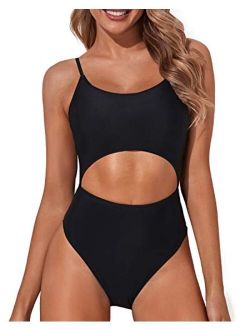 Women Cutout One Piece Swimsuit Lace Up Scoop Neck High Cut Strappy Bathing Suit