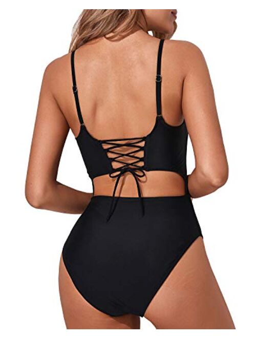 Tempt Me Women Cutout One Piece Swimsuit Lace Up Scoop Neck High Cut Strappy Bathing Suit