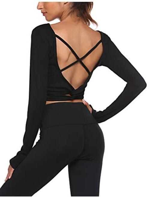 COOrun Women's Yoga Shirts Long Sleeve Workout Clothes Athletic Open Back Gym Tops with Thumbholes