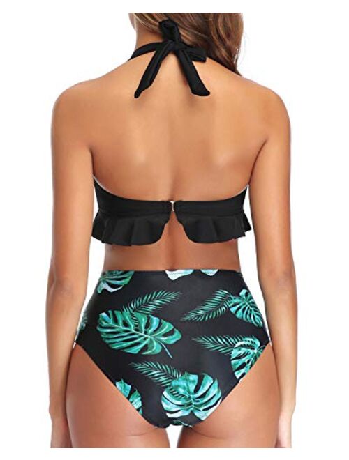 Tempt Me Women Two Piece Push Up Swimsuits High Waisted Bikini Ruffle Halter Retro Bathing Suits
