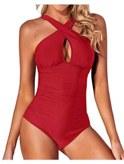 Women One Piece Swimsuits Front Cross Tummy Control Keyhole Backless Bathing Suit