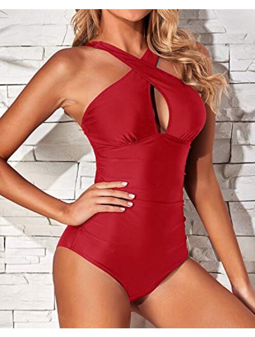 Tempt Me Women One Piece Swimsuits Front Cross Tummy Control Keyhole Backless Bathing Suit