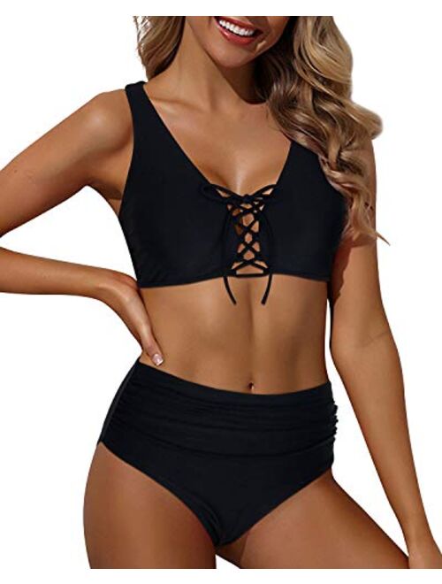 Tempt Me Women Sexy High Waisted Bikini Set Lace Up Two Piece Tummy Control Swimsuit
