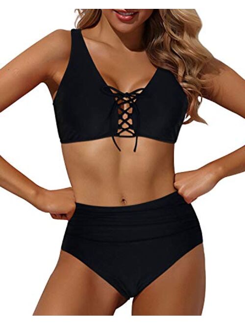 Tempt Me Women Sexy High Waisted Bikini Set Lace Up Two Piece Tummy Control Swimsuit