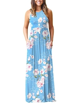 Women's Floral Print Casual Sleeveless Racerback Dress Long Maxi Dresses with Pockets