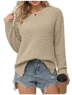 Women's Fuzzy Knitted Sweater Crew-Neck Long Sleeve Side Split Loose Casual Knit Pullover Sweater Blouse