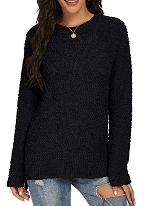 GRECERELLE Women's Fuzzy Knitted Sweater Crew-Neck Long Sleeve Side Split Loose Casual Knit Pullover Sweater Blouse